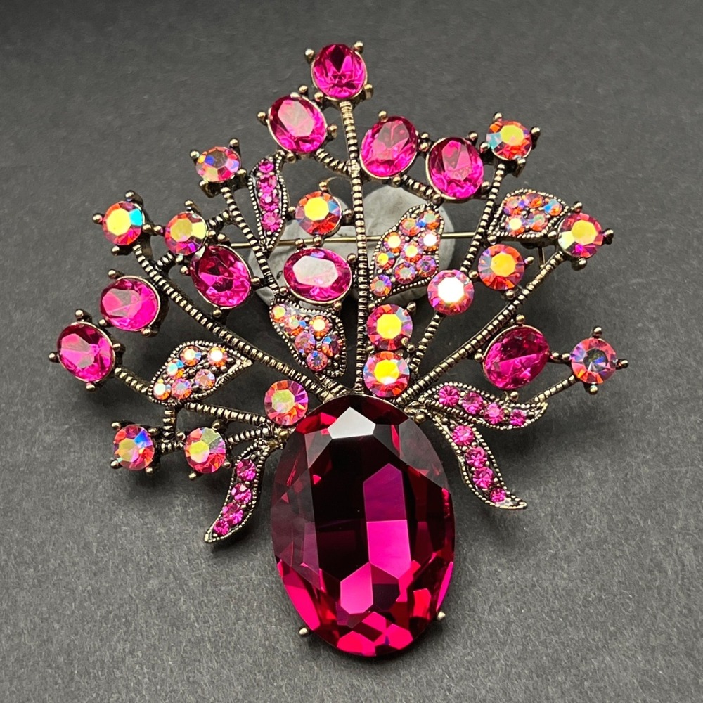 Rhinestone Brooch Magenta Pink AB Crystal Large Statement Pin Floral Spray